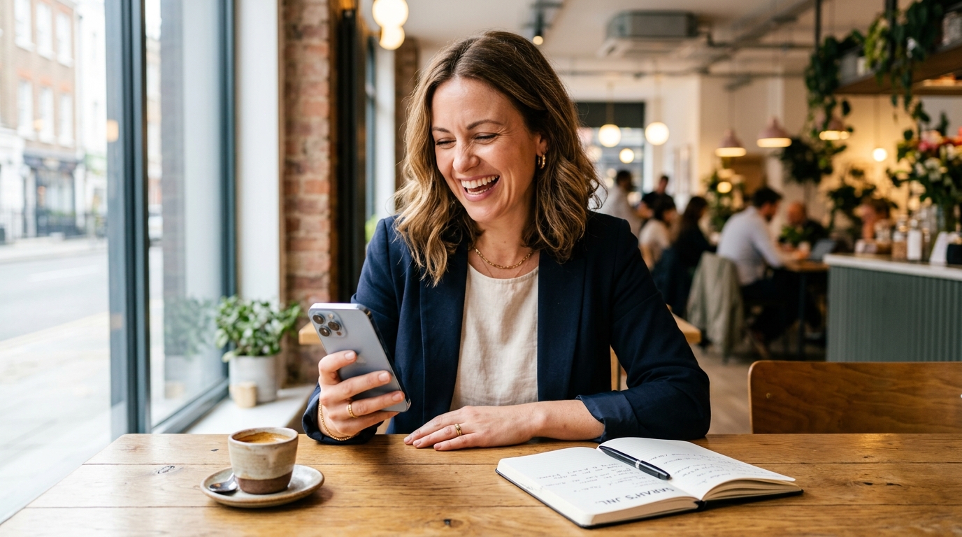 Business owner smiling over morning coffee looking at overnight sales